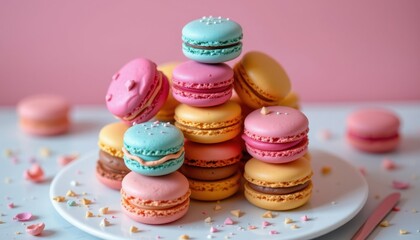 Fototapeta premium Sculptural Macaron Art: Create a sculptural design where macarons are stacked creatively, resembling a piece of art with mixed shapes and sizes.