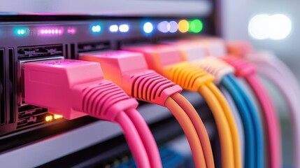 Naklejka premium Colorful Ethernet cables connected to a network switch, showcasing technology and connectivity in a vibrant, modern setup.