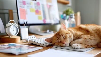 A cozy home office scene featuring a sleeping orange cat on a desk, with a computer, clock, and various office supplies in the background.