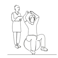 One continuous single drawing line art flat doodle osteopath, patient, doctor, chiropractor, therapy, therapist. Isolated image hand draw contour on a white background, hand drawn, not AI
