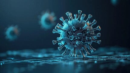 A digital representation of a virus, showcasing intricate details and a glowing blue design, symbolizing the intersection of technology and health.
