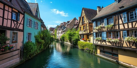 Canal runs between timbered buildings under a sunny sky, trees and foliage present