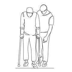 One continuous single drawing line art flat doodle rehabilitation, patient, therapy, doctor, therapist, trauma. Isolated image hand draw contour on a white background, hand drawn, not AI