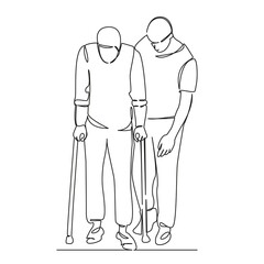 One continuous single drawing line art flat doodle rehabilitation, patient, therapy, doctor, therapist, trauma. Isolated image hand draw contour on a white background, hand drawn, not AI