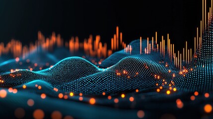 A vibrant digital landscape showcasing data visualization with waves and peaks, illuminated by glowing dots and lines against a dark background.