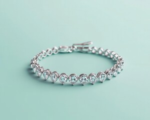 Artistic handcrafted tennis bracelet with pearshaped diamonds in a waterfallinspired pattern, isolated on a pastel mint gradient