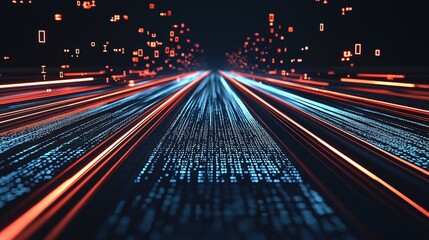 A futuristic, abstract image depicting a dynamic flow of light trails, resembling data streams or digital pathways in a dark environment.