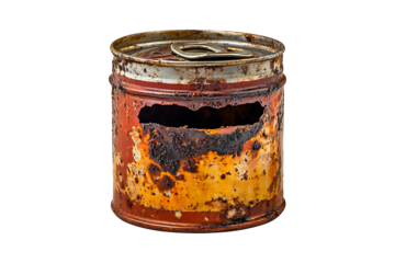 Open tin can of spoiled and moldy canned food isolated on transparent background
