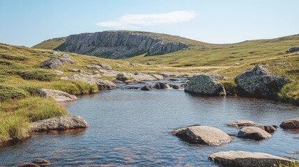 A calm mountain landscape showing a small stream and rocky terrain