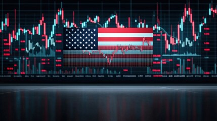 A digital display shows a stock market graph alongside the American flag, symbolizing finance and national identity in a modern context.