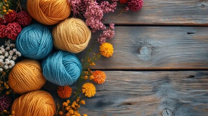 Fototapeta premium Colorful yarn balls resting beside blooming flowers on weathered wooden background, highlighting textile craft creativity with soft blue and yellow hues