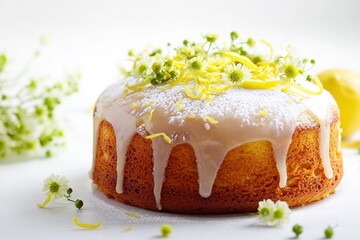 Glazed cake adorned with florals and lemon zest, dusted with powdered sugar, against a clean background