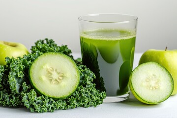 Fresh green juice alongside vibrant kale, apple and sliced cucumber, all against a bright backdrop