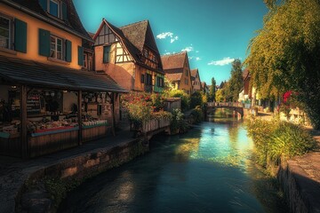 Quaint village lined by river, with colorful buildings and arched bridge under bright sky