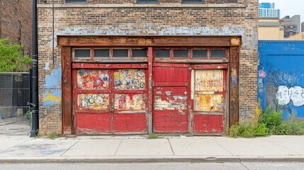 Weathered Red Garage Doors On A Brick Building Facade