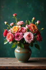 Faded floral arrangement on a worn wooden table, vintage vibe, earthy tones , grunge textures