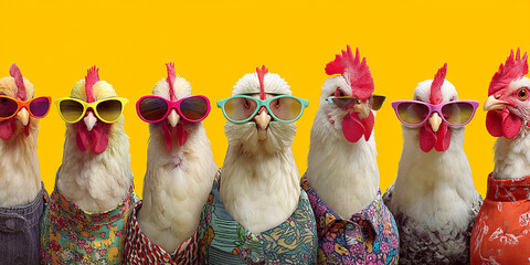 Six white chickens wearing colorful sunglasses and shirts against a yellow background, a humorous and stylish image, ideal for fashion or quirky concepts