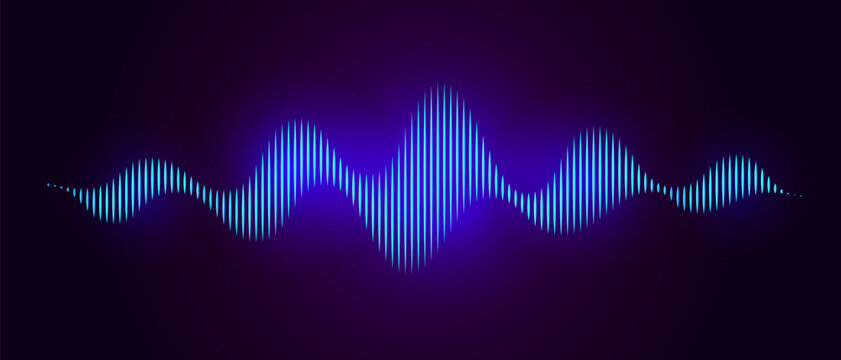 Blue neon sound wave on dark background, AI voice assistant visualization, Sound wave equalizer, Vector illustration.