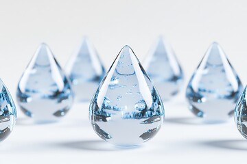 Close-up of multiple clear, droplet-shaped objects filled with water and small bubbles on white background
