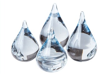 Four water droplet glass sculptures isolated on white, reflecting light. Delicate clear design