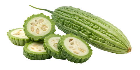 Bitter Melon: Close-up shot of a halved bitter melon showcasing its unique texture and form, a vibrant and healthy ingredient.