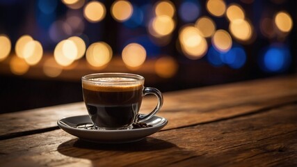 Obraz premium Imagen de una taza de café sobre mesa rústica con luces desenfocadas creando un ambiente acogedor y relajante