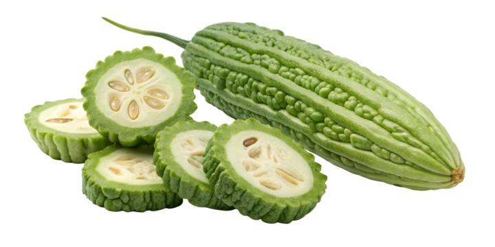 Bitter Melon: Close-up shot of a halved bitter melon showcasing its unique texture and form, a vibrant and healthy ingredient.