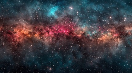 Obraz premium A vibrant cosmic scene showcasing a colorful galaxy filled with stars, gas, and nebulae, creating a stunning celestial display.