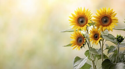 Obraz premium A vibrant display of sunflowers, showcasing their bright yellow petals and rich green leaves, set against a soft, blurred background.