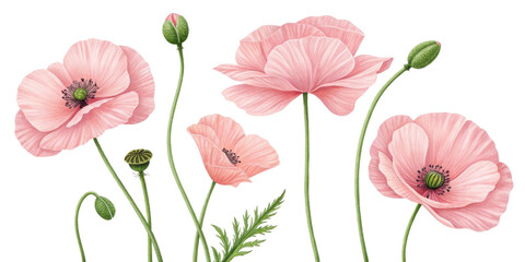 Obraz premium Beautiful pink poppy flowers bloom gracefully in serene garden setting, showcasing their delicate petals and vibrant green stems