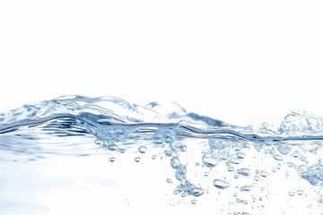 Clear water surface with bubbles, rippling against a white background. Waves create a refreshing and clean aesthetic