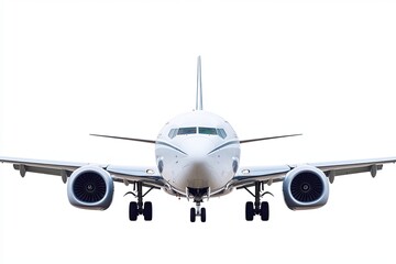 Airplane Aircraft faces forward against a pure white backdrop, highlighting the wings, fuselage and turbines