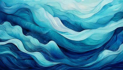 Obraz premium abstract ocean water waves background wavy texture for copy space text blue and teal illustration of sea or ocean wave flowing motion web banner backdrop graphic hand painted details