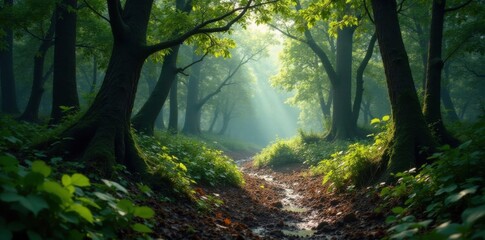 Fototapeta premium Muddy forest landscape with overgrown trees and tangled underbrush, ferns, overgrowth, earthy tones