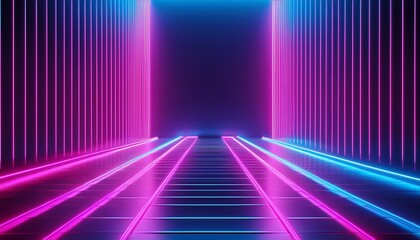 pink violet blue neon abstract background ultraviolet light night club empty room interior tunnel or corridor glowing panels fashion podium generative ai