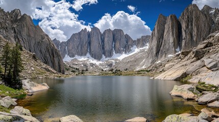 Beautiful mountain lake scene surrounded by towering rugged rock formations
