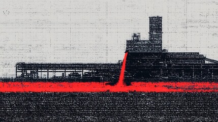 Industrial Scene with Water Pollution and Red Water Flowing Out
