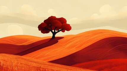 Solitary Red Tree in Orange Sand Dunes Landscape Art Illustration