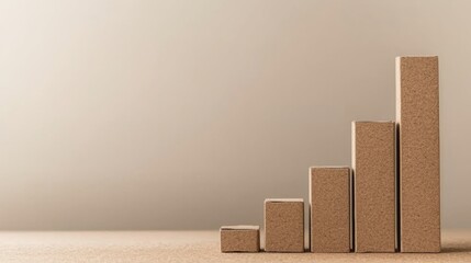 A simple bar graph made of ascending cardboard boxes illustrates increasing business growth and profits showcasing positive economic trends and sustainable packaging.