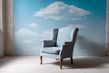 Dreamy Cloud Wallpaper and Wingback Chair - Serene scene of a light blue wingback chair against a dreamy sky wallpaper. Symbolizing relaxation, peace, tranquility, escape, and comfort