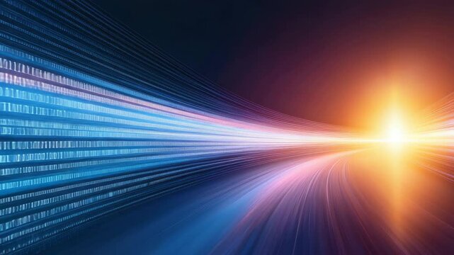 Abstract digital data stream with binary code and glowing light technology effects