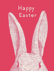 Hand drawn drawing, kids' art doodle illustration of Easter bunny with funny ears, cute adorable whimsical rabbit for Happy Easter Holiday season, greeting card, graphic design background template