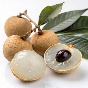Fresh ripe longan fruit often called dragon eye with leaves isolated on a white background, a delicious healthy organic fruit for natural nutrition