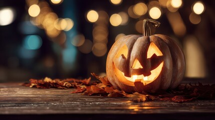 A Halloween pumpkin sits on a wooden table, its carved face glowing like a jack-o'-lantern, halloween wallpaper