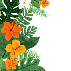 Obraz premium Vibrant tropical flowers and lush green leaves create lively and natural look, perfect for summer designs