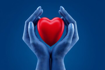 Gentle Hands Holding a Heart - Two blue hands gently cradling a vibrant red heart against a deep blue background. Symbol of care, love, and protection