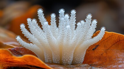 Fototapeta premium Close-up of unique white fungus emerging from autumn leaves in a forest setting