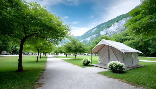 Glamping tent nestled in a lush green valley with mountain backdrop