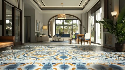 Fototapeta premium Luxurious Mediterranean living room, sunlit patio view, elegant tile floor, home design
