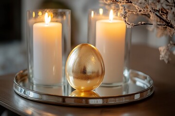  Shiny golden Easter egg displayed on a glassy mirror tray, framed by pillar candles